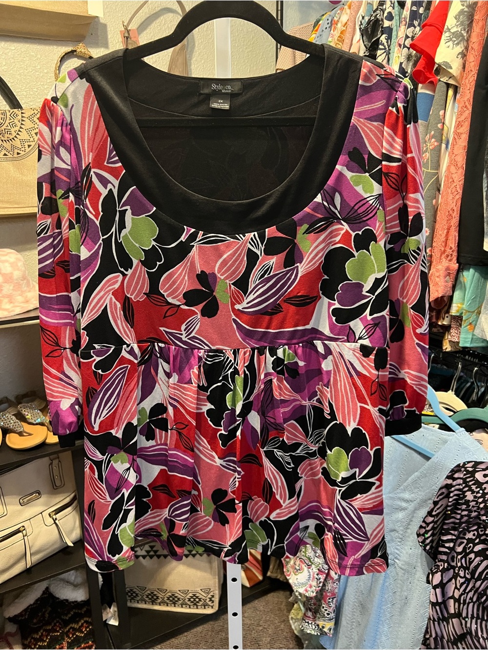 Style & Co. Floral Scoop Neck Peplum Top in Pink, Black & Green